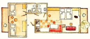 Dachstudio- 2-Raum-Ferienwohnung 50qm, Extra-Schlafzimmer, Küche, 2 Balkone-Grundriss der gesamten Wohnung