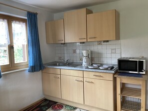 3-Raum-Ferienwohnung 60qm, 2-5 Personen, 2 Schlafzimmer, Wohnküche, große Balkonterrasse-Küchenzeile