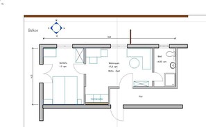 Ferienwohnung 2, 36qm, mit separatem Schlafzimmer, Dusche/WC, Balkon-Grundriss