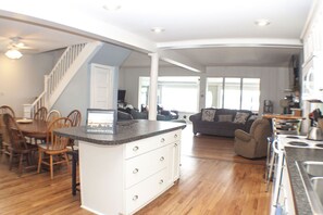 Kitchen, dining, and living rooms