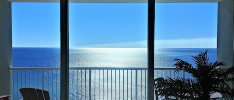 Spectacular  view from inside the condo looking out at the Gulf.