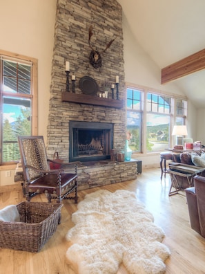 Wood burning fireplace in the Great Room