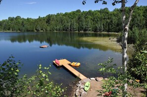 Waterfront with canoe, pedal boat, & sit-on kayak