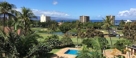 Oceanview from lanai. Lanai island and golf course.