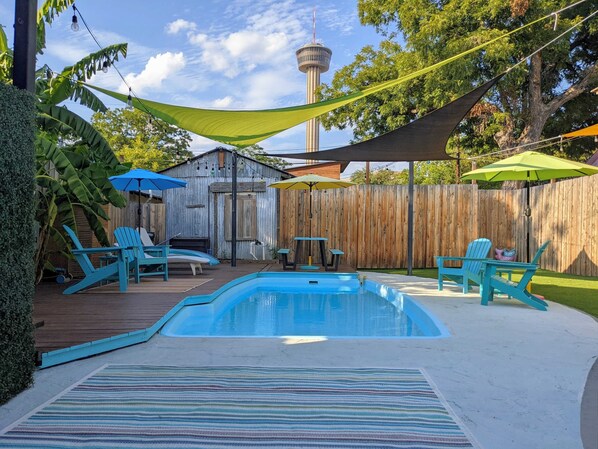 Pool and backyard oasis with a view of the Tower.