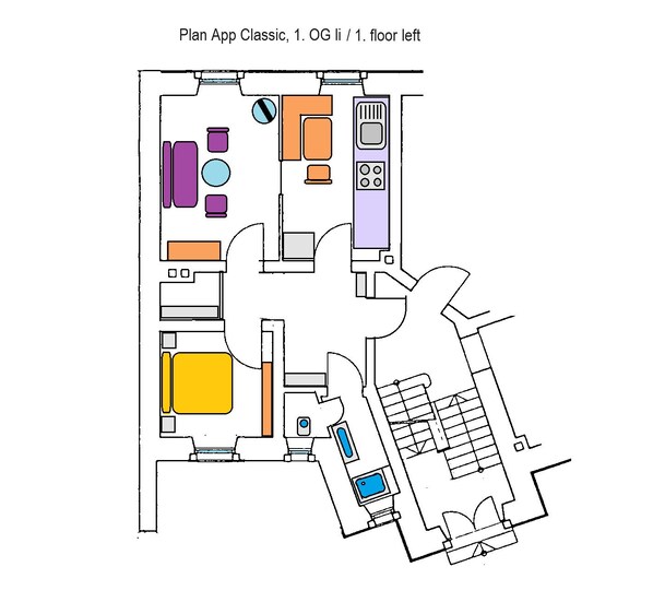 Ferienwohnung Classic, 60qm, 1 Schlafzimmer, max. 4 Personen-Appartement Classic, Grundriss