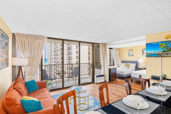 Enjoy your stay in this beautiful condo with city, pool, and partial ocean view.