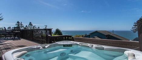 Soaking in the large saltwater hot tub is a joy after a day of exploring the Redwoods!