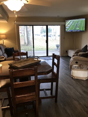 View from kitchen of dining area and living room