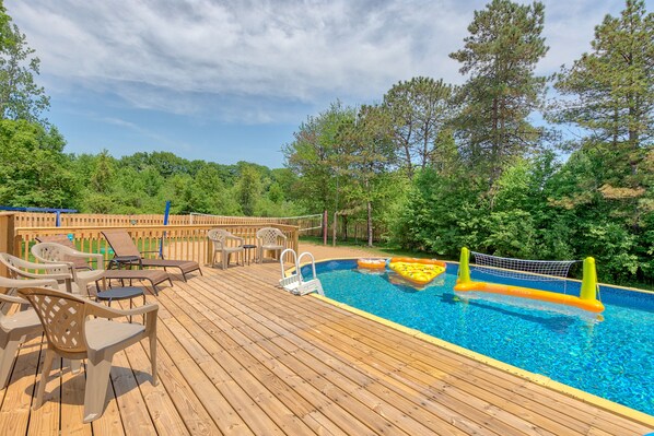 Our huge heated pool! Fenced in for the safety of little ones.