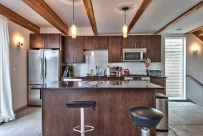stainless modern kitchen + bar seatting.