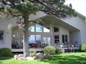 The covered deck overlooking Village Lake.