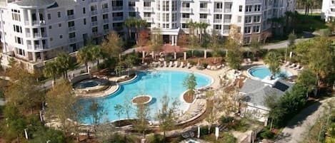 View from Lasata overlooking the fabulous walk-in pool, upper pool & 2 hot tubs