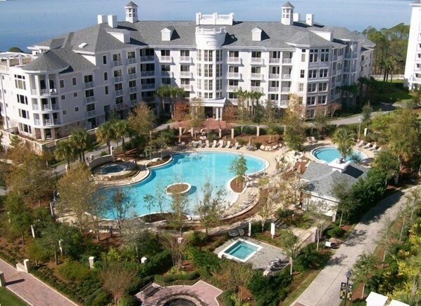 View from Lasata overlooking the fabulous walk-in pool, upper pool & 2 hot tubs