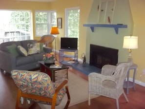 living room with new gas fireplace