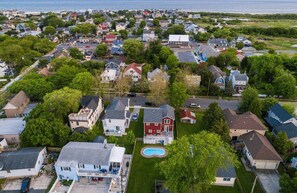 Aerial view with ocean in the background.