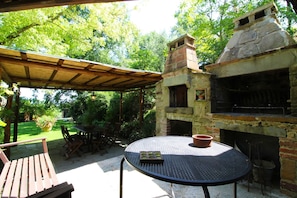 Furniture, Table, Plant, Tree, Outdoor Table, Building, Outdoor Furniture, Interior Design, Wood, Shade