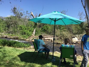 Umbrella and chairs are on the deck