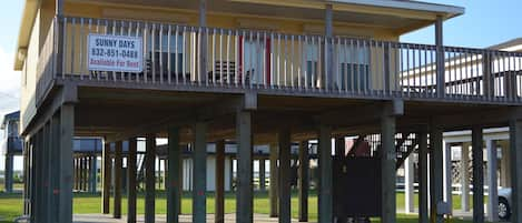 Large deck - Outdoor shower has hot and cold water for convenience.