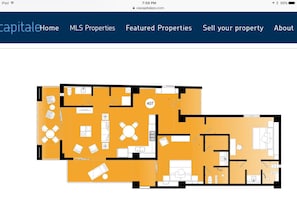 Layout of unit, furniture not including furniture.
