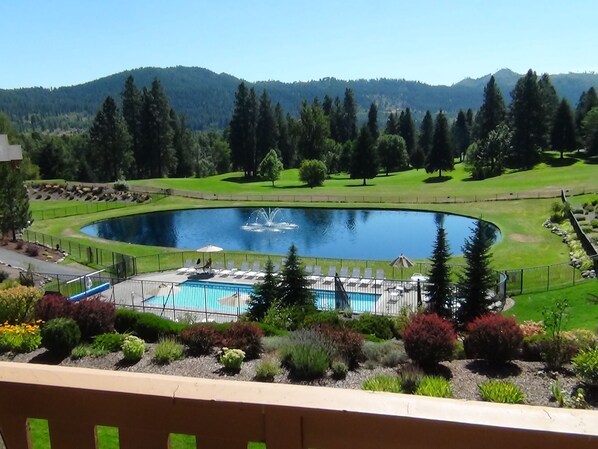 Peaceful view from our deck enjoying the view of mountains, river & golfcourse.