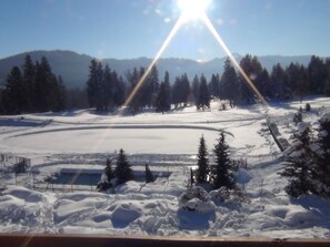 View from deck in the beautiful winter. Watch the x-country skiers from the condo windows on the golf course right behind.  Join them if you like!