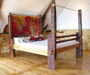 Oak double bed, made from a loom