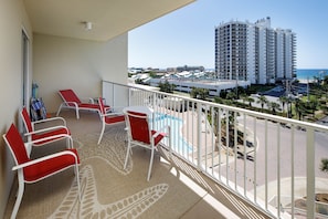 Balcony with tons of seating off living room