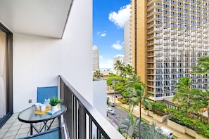 Balcony with city, mountain, and partial ocean views!