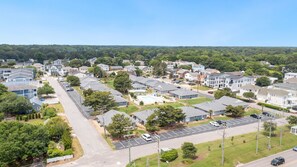 An aerial view of the small, cozy condo community surrounding the pool.