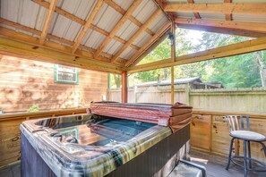 Private Hot Tub | Covered Outdoor Dining | Gas Grill | 2-Story Cabin