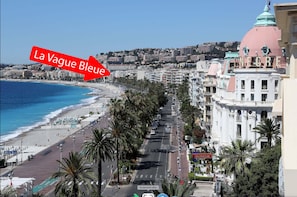 View of Promenade from Negresco Hotel showing position of Vague Bleue building 