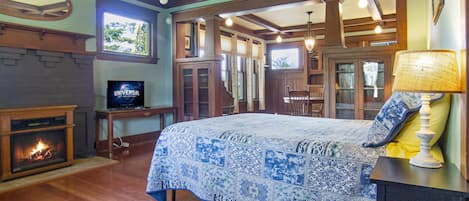 Queen bed, Smart TV, Electric Fireplace shown.
(Queen air mattress provided for the 3rd person.)
**Kitchenette means mini fridge, microwave, coffee maker, plates, cups. Toaster available upon request.**
This is a non-smoking property