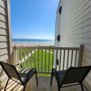 Our beachfront private balcony is yours to enjoy! Book today, and come see the best sunrise in Texas!