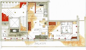 Ferienwohnung Alpenliebe, 1-2 Personen, W-LAN, 1 Schlafzimmer, barrierefrei,Lift-Ferienwohnung Alpenliebe Grundriss