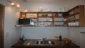 Kitchen , bar fridge beneath bench, hot plate on bench