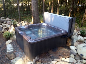 jacuzzi hot tub in private back yard equipped with Bluetooth outdoor speakers
