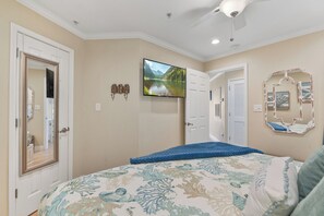 Bedroom closet and a flat panel TV.