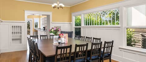 The large dining room table can seat a crowd.