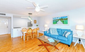 Open-concept living and dining area with a relaxed beach vibe