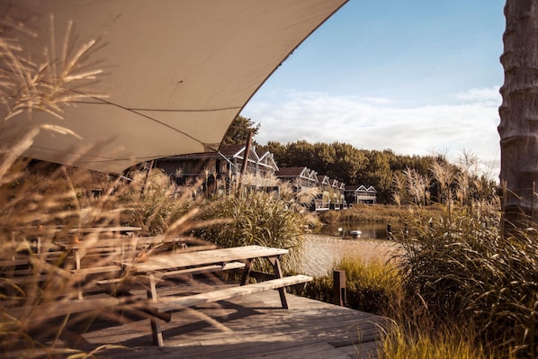 Blick vom Bistro auf unsere Naturoase und die Uferhäuser