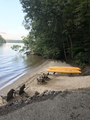 Our large sandy beach area! Take the kayaks for a spin!