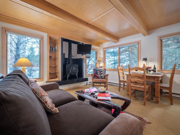 Living Area with Wood burning Stove--458 total sq. ft.