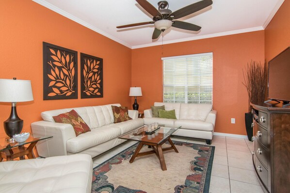 Living room with 55in flat screen HDTV.