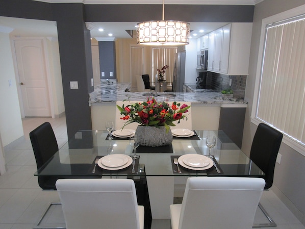 View of kitchen from the dining area. 