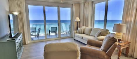 Living room with surrounding views of the gulf.