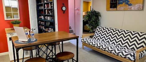 View from the dining area into the kitchen. 
