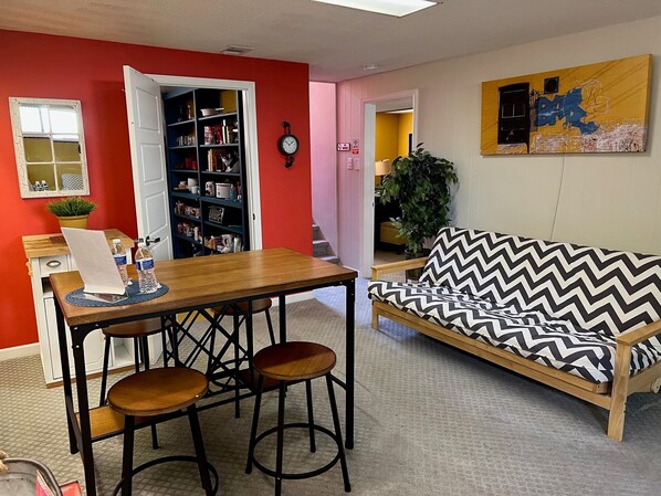 View from the dining area into the kitchen. 
