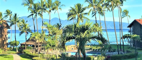 The view from our lanai overlooks the grounds, koi ponds, ocean & the islands! 