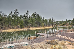 A private dock on Rainbow Lake serves as the cabin’s backyard.